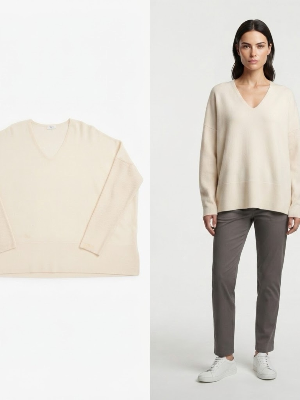Akris Punto Cream V-Neck Relaxed Knit Sweater Size 8 100% Virgin Wool